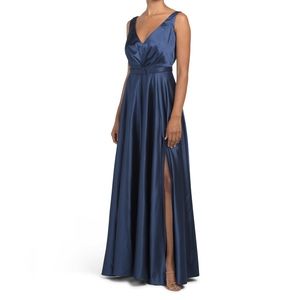 marina deep v belted stretched charmeuse gown
